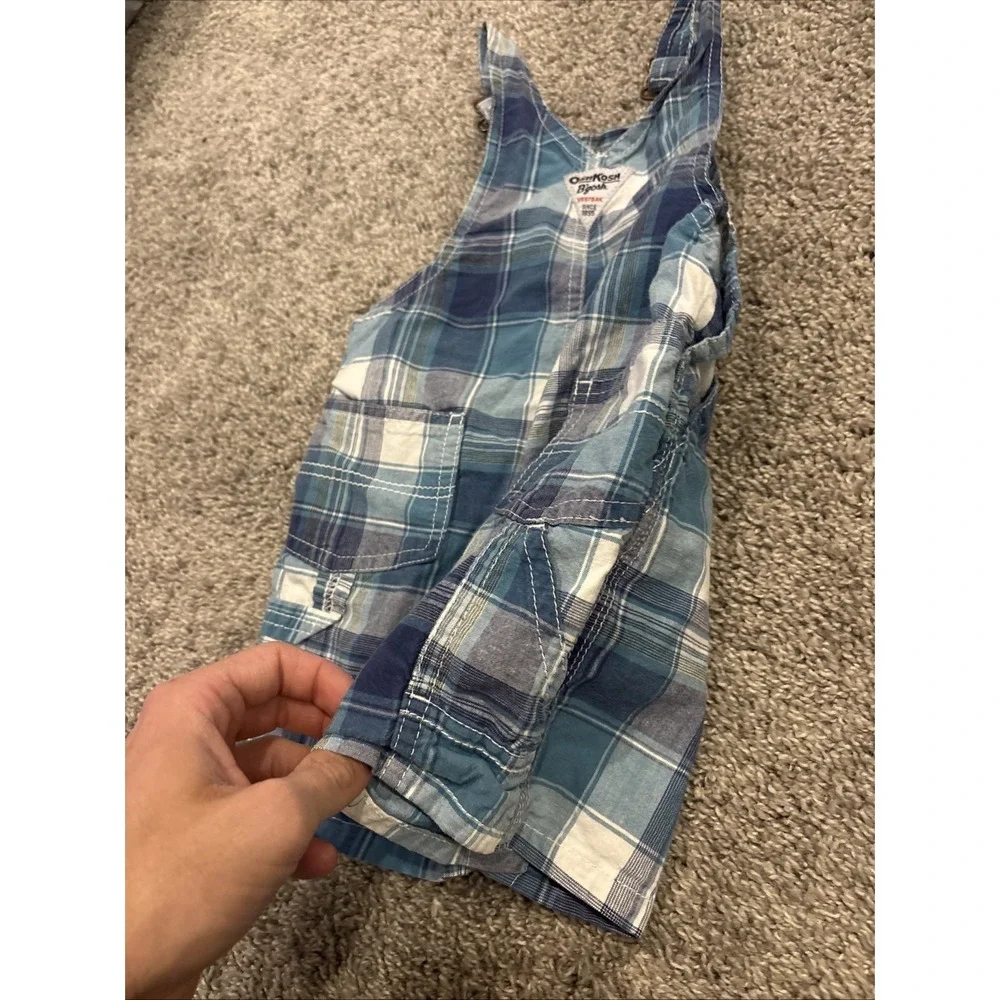 2 Lot Toddler Boys Oshkosh Vestbak Plaid Adjustable Overalls Shorts Size 18M